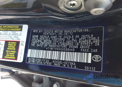 2012 Toyota Camry Se from USA, damaged, VIN 4T1BF1FK4CU599449